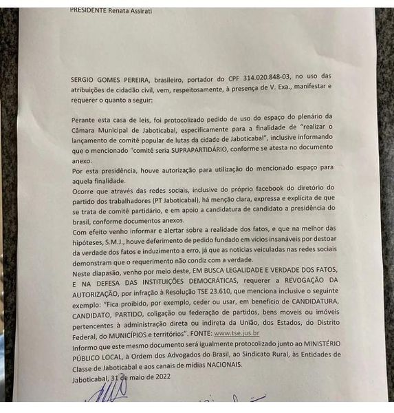 Conservadores Jaboticabal quer impedir Ato pro candidatura de Lula na Câmara Municipal